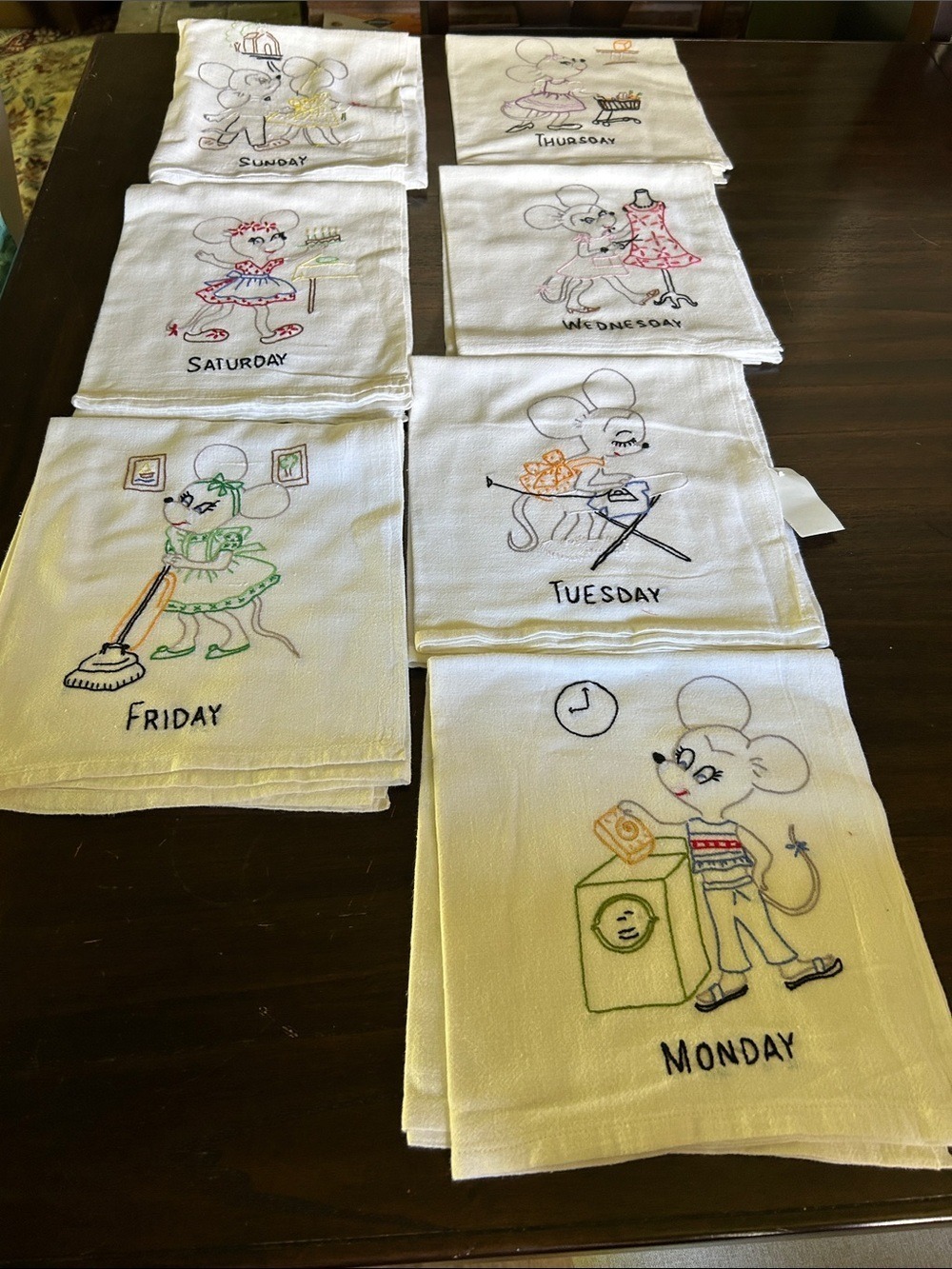 Hand Crafted White Embroidered Days-of-Week Mouse Kitchen Towels